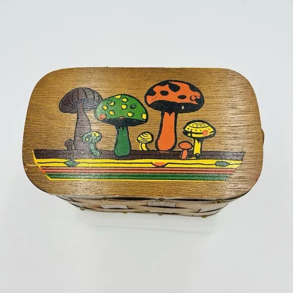 VTG 60s 70s Caro Nan? Folk Art Painted Mushroom Basket Purse Boho Hippie Cottage - Picture 2 of 10